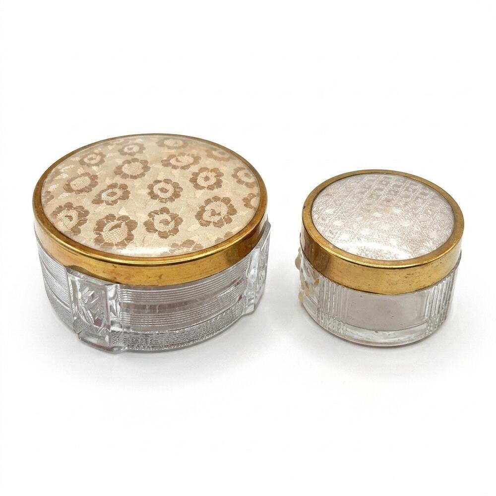 Vintage Petit Point Floral Powder Jar Set | Mid-Century Glass Vanity Set